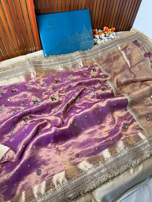 Lavender Banarasi Tissue Silk Saree Iraa with Hand-Embroidered Animals Full View