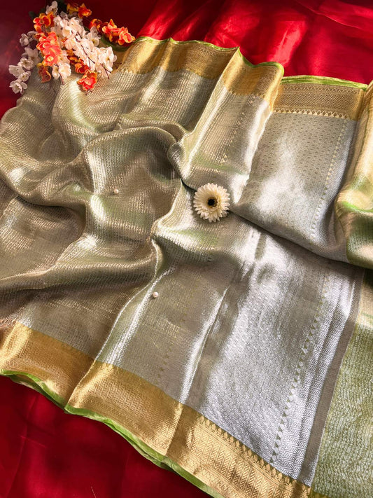 Pastel Mint Green Brocade Tissue Silk