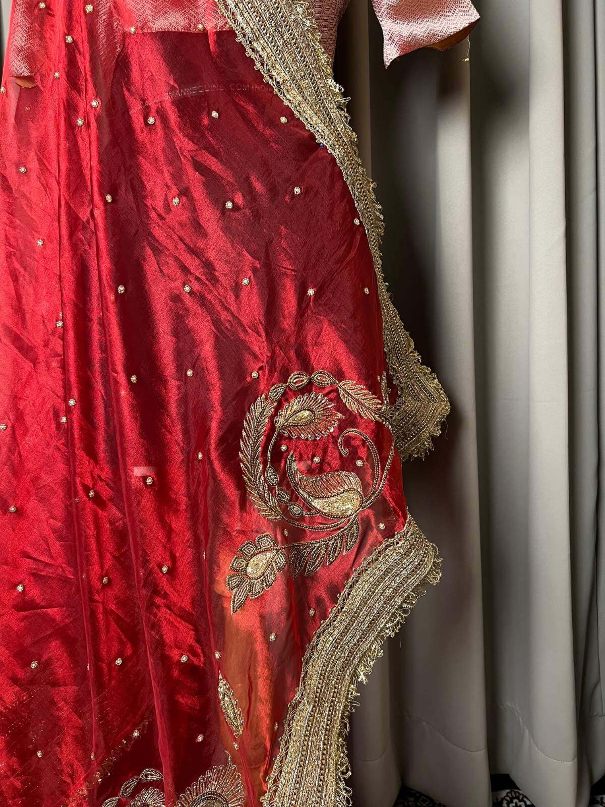 Royal red Mor Pankh Banarasi silk dupatta featuring peacock feather motifs