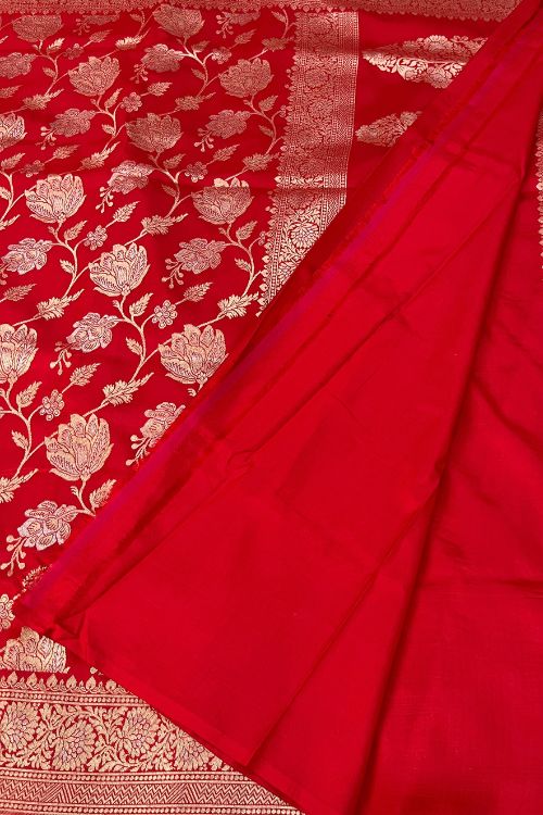Handwoven Red Katan Silk Saree with floral jaal pattern and intricate sona rupa zari border and anchal, paired with a plain red blouse piece featuring floral zari border for sleeves – made in Banaras.