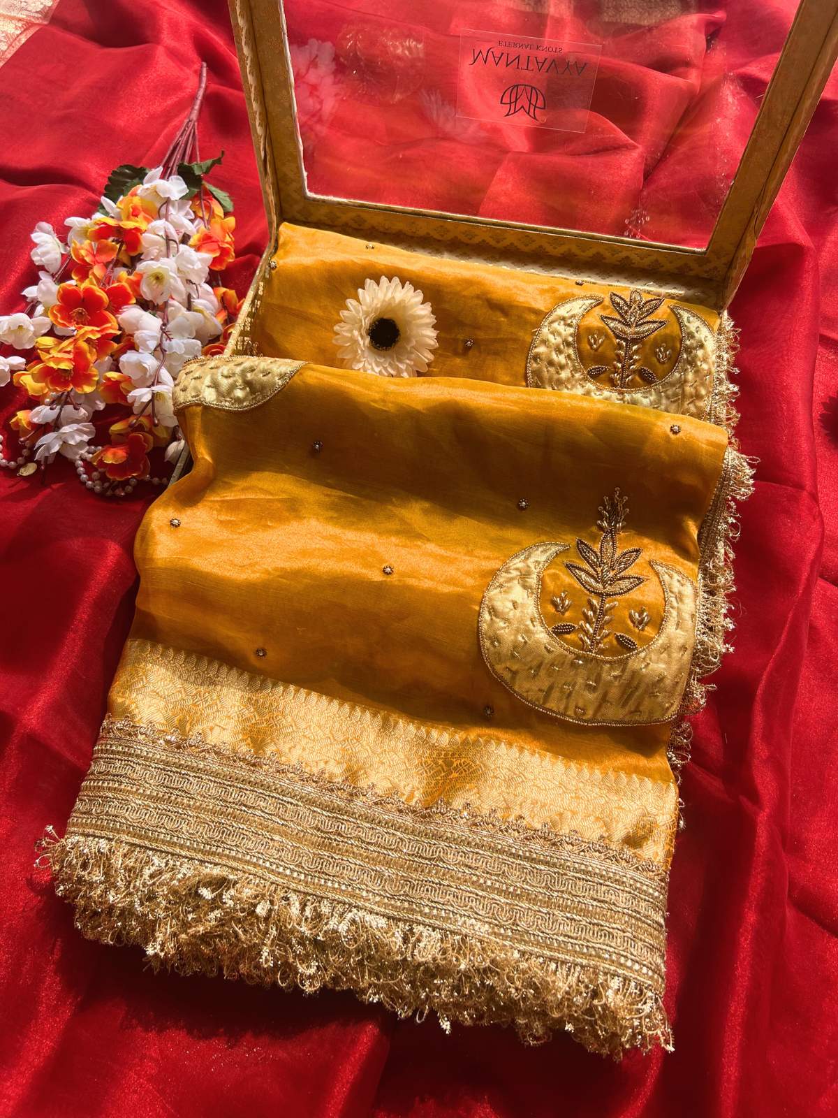Yellow Banarasi Tissue Silk Saree with Hand-Embroidered Chand Showcase view