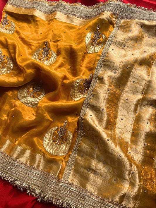 Yellow Banarasi Tissue Silk Saree with Hand-Embroidered Chand full View