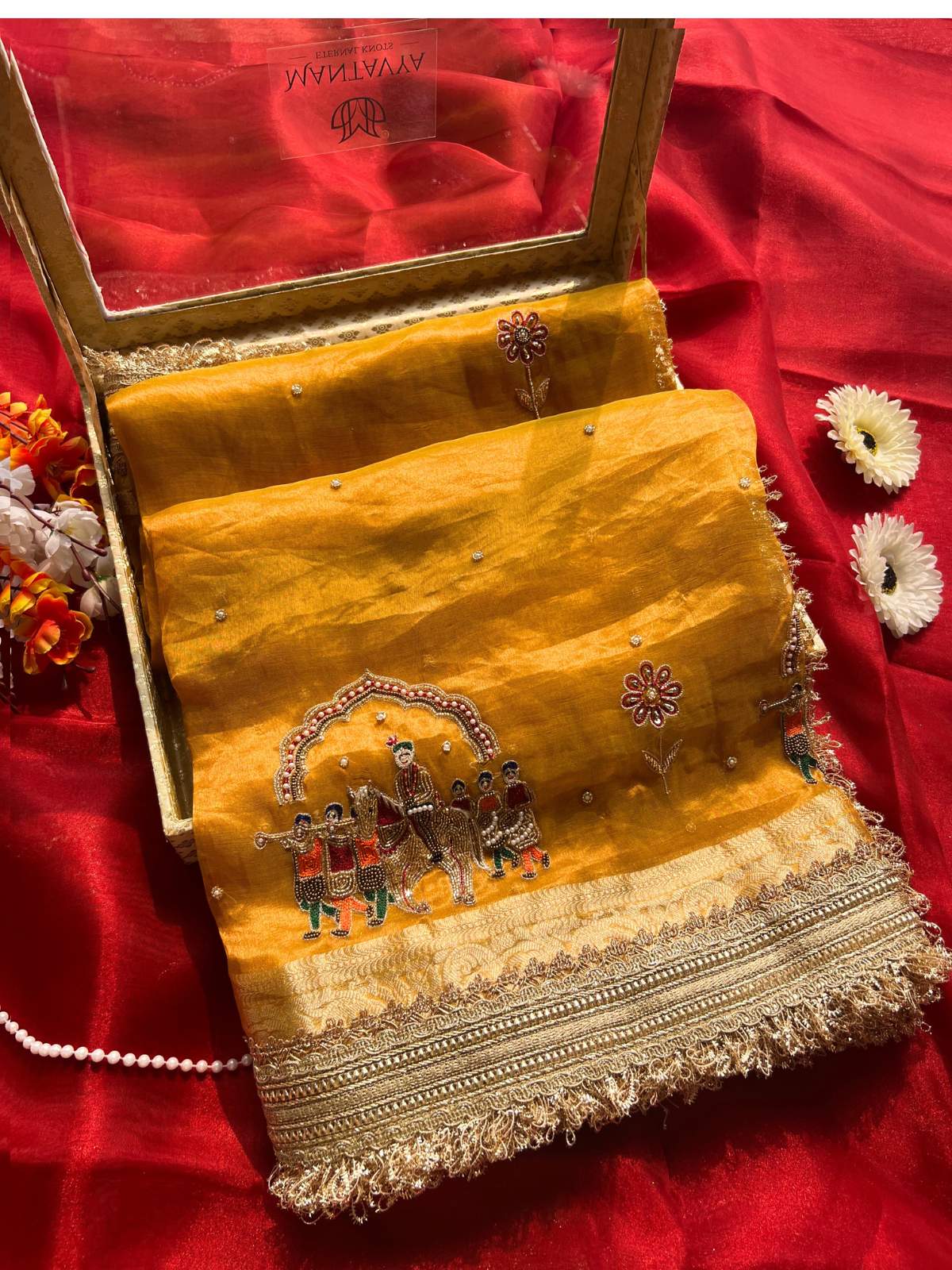 Mustard Yellow Banarasi Tissue Silk Saree with Hand-Embroidered Mehrab Barat Showcase