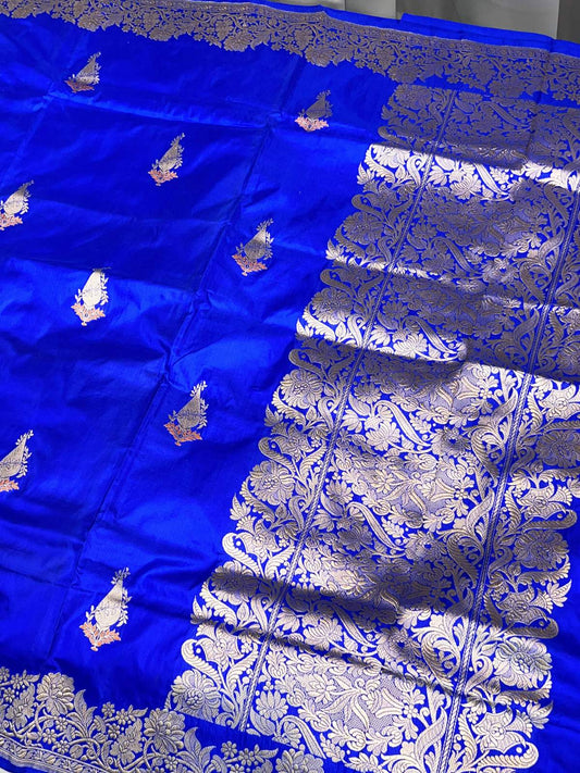 Royal Blue Katan Silk Saree with zari buta full view
