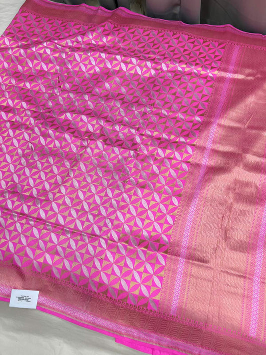 Pink Katan Silk Saree with geometric floral full view