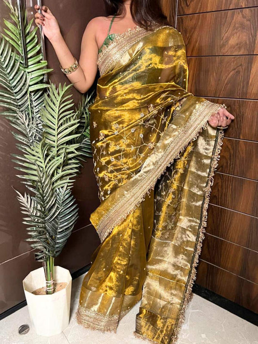 Gulmohar Mehendi green tissue silk saree with hand embroidery, birds and floral work, zari border