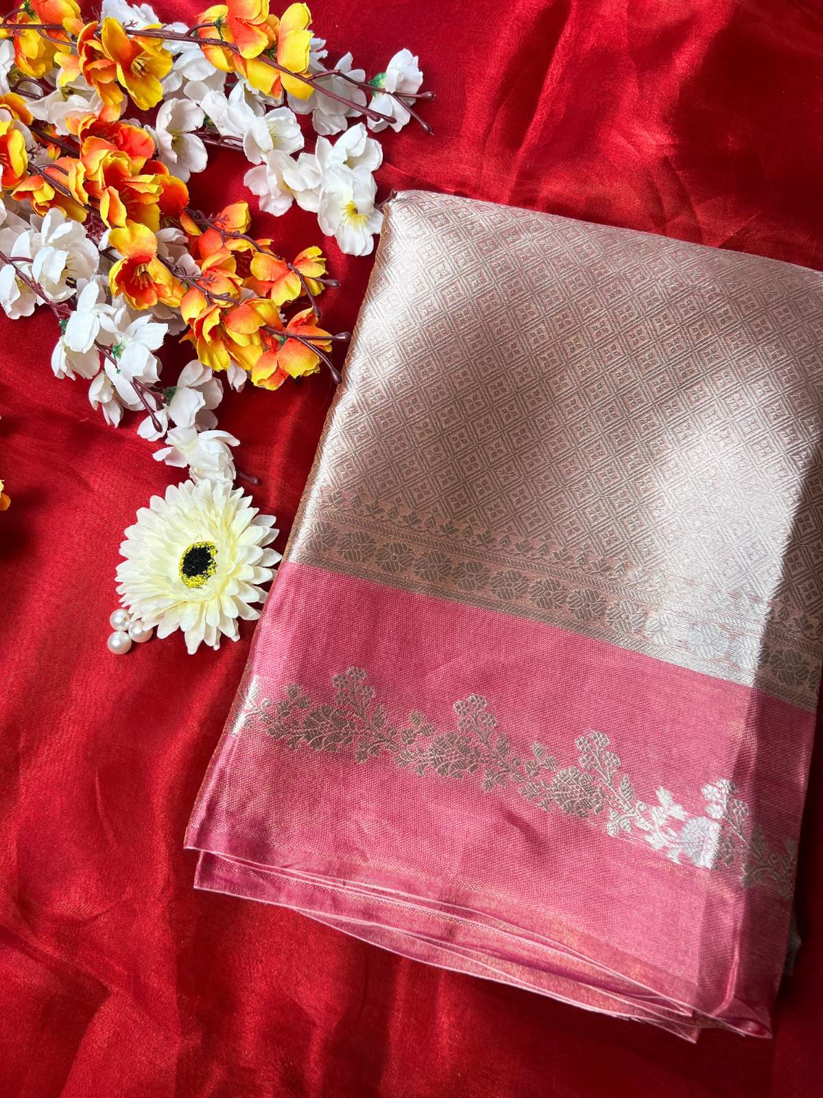 Pink Brocade Tissue Silk Saree with Zari Work front view