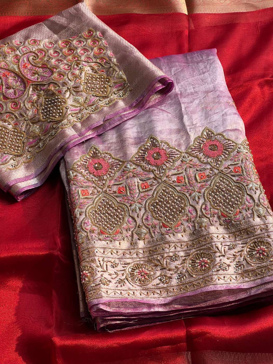 Lavender Noor silk saree with elegant handwoven detailing front view