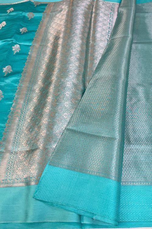 Sky Blue Raw Mango Silk Saree with satin border and zari aachal