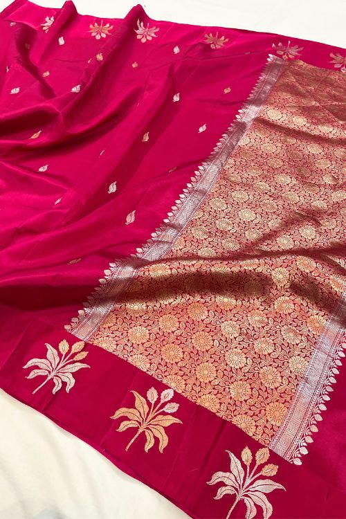 "Hot Pink Raw Mango Banarasi Silk Saree with Floral Brocade Aanchal, Satin Border, and Sona Rupa Buti – Handcrafted by Mantavya Banaras"