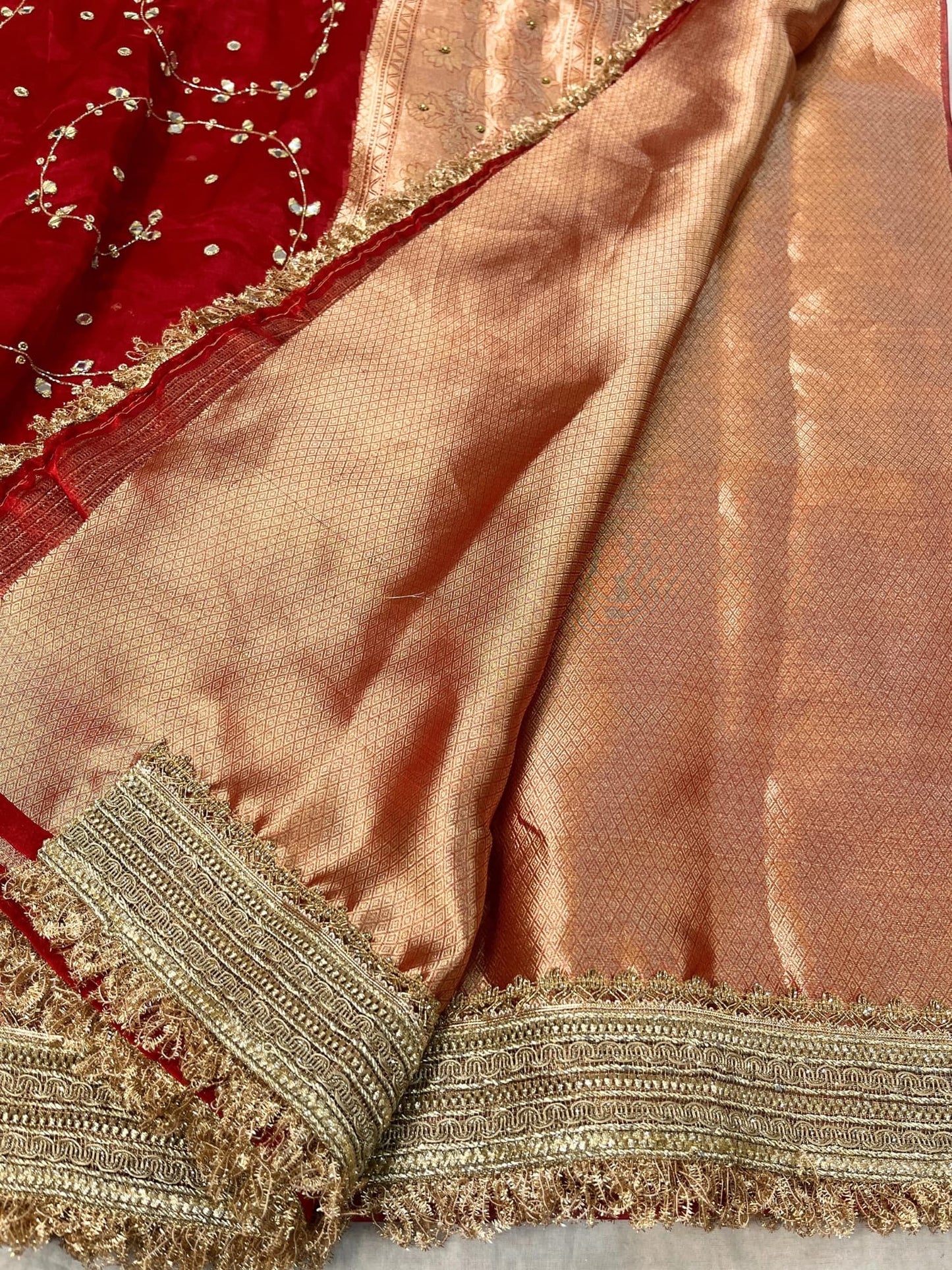 Hand Embroidered Red Tissue Silk Saree with Mirror Jaal and Buti Work