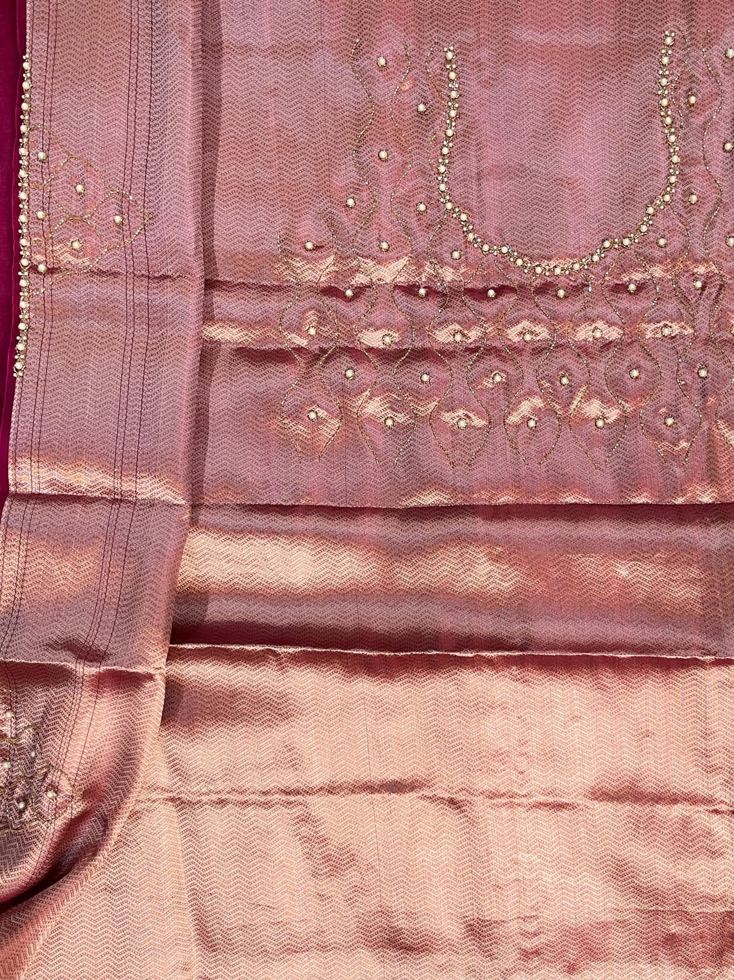 Hand Embroidered Hot Pink Tissue Silk Saree with Pearl Stripe and Buti Motifs, Paired with Brocade Blouse Featuring Neck and Sleeve Embroidery – Elegant Traditional Wear