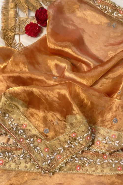 Peach Hand Embroidered Tissue Silk Dupatta