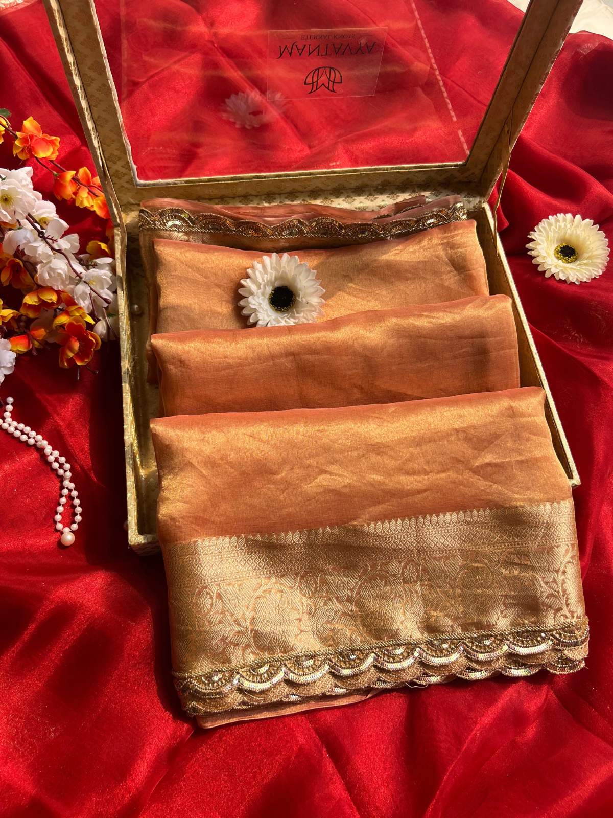 Peach Pure Banarasi Tissue Silk Saree with hand embroidery on the border front view