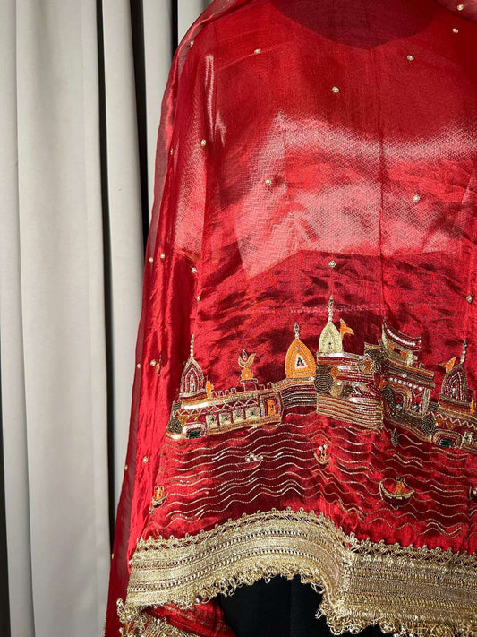 Royal red Banarasi Ghat silk dupatta inspired by traditional Varanasi ghats