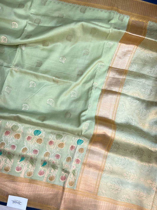 Pista Green Katan Silk Saree with woven bird full view