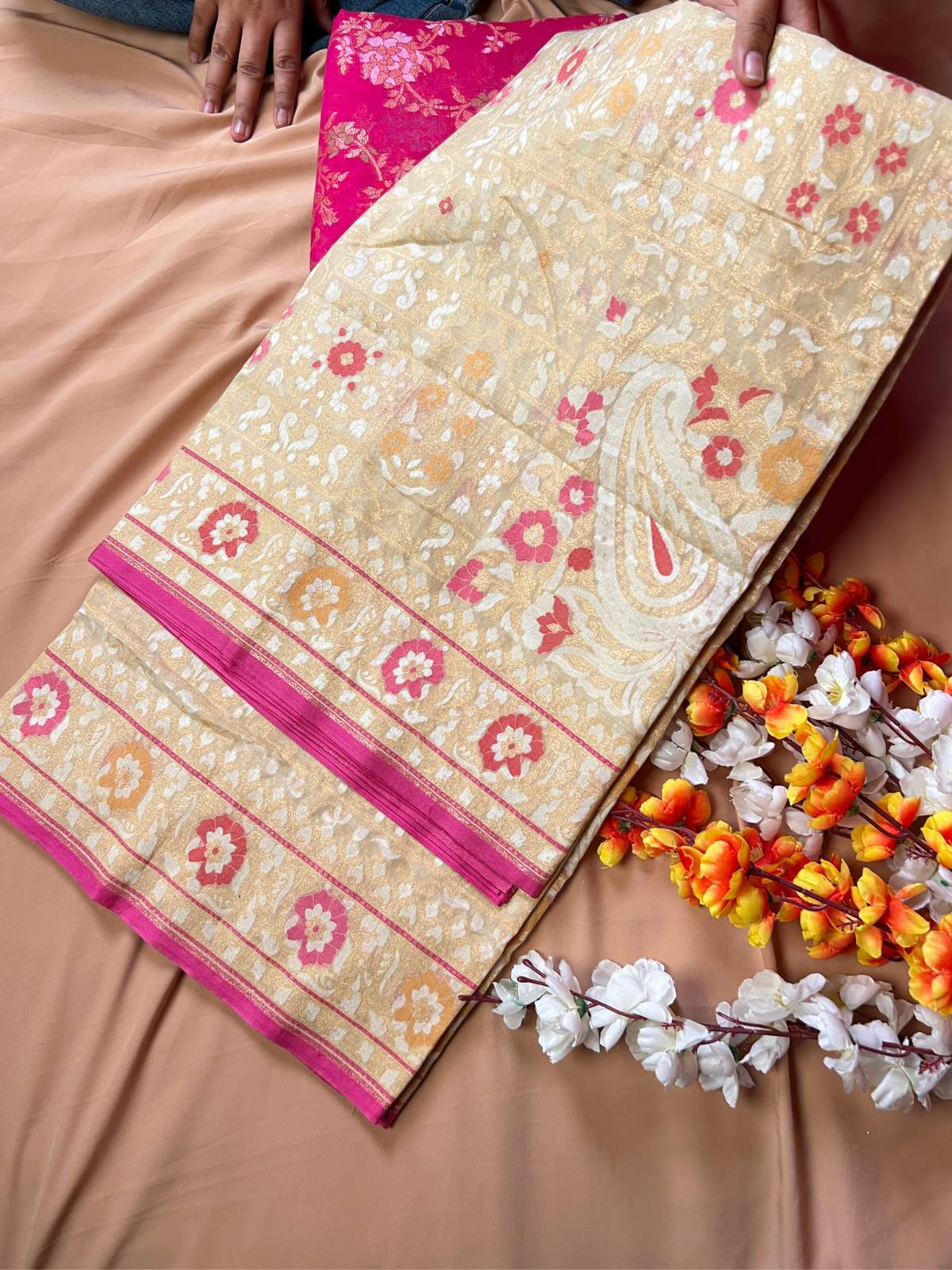 Beige Cotton Jamdani with floral front view