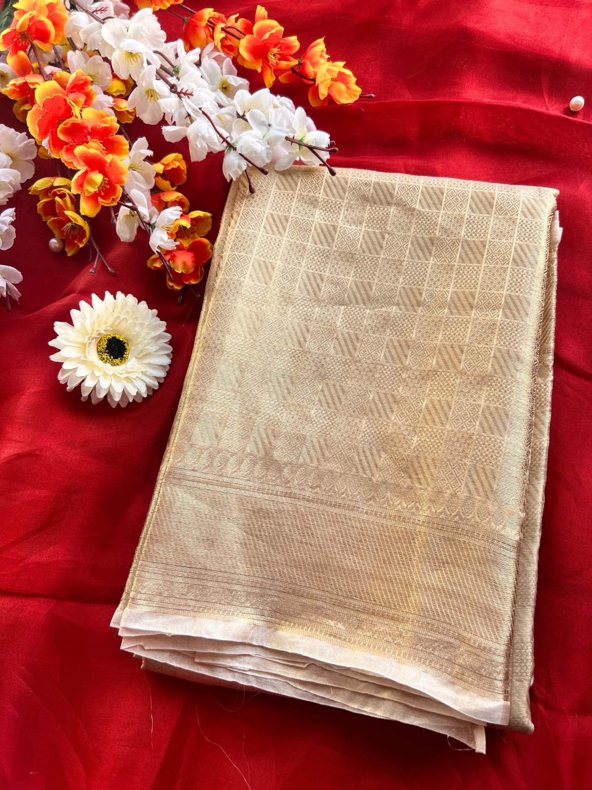 Champagne Gold Brocade Tissue Silk Saree with Zari front view
