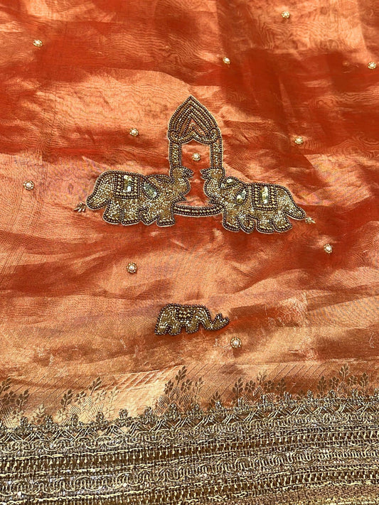 Orange Tissue Silk Saree dual elephant motifs