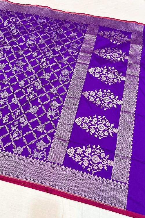 Handwoven Indigo Katan Silk Saree with silver zari floral design and selvedge contrast border