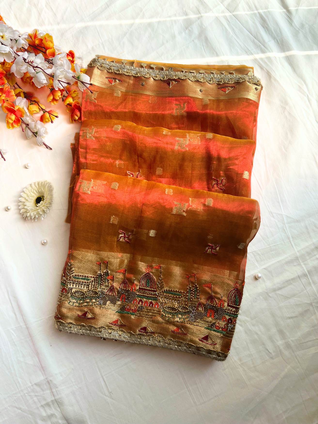 Orange Tissue Silk Saree - Kashi Ghat front view