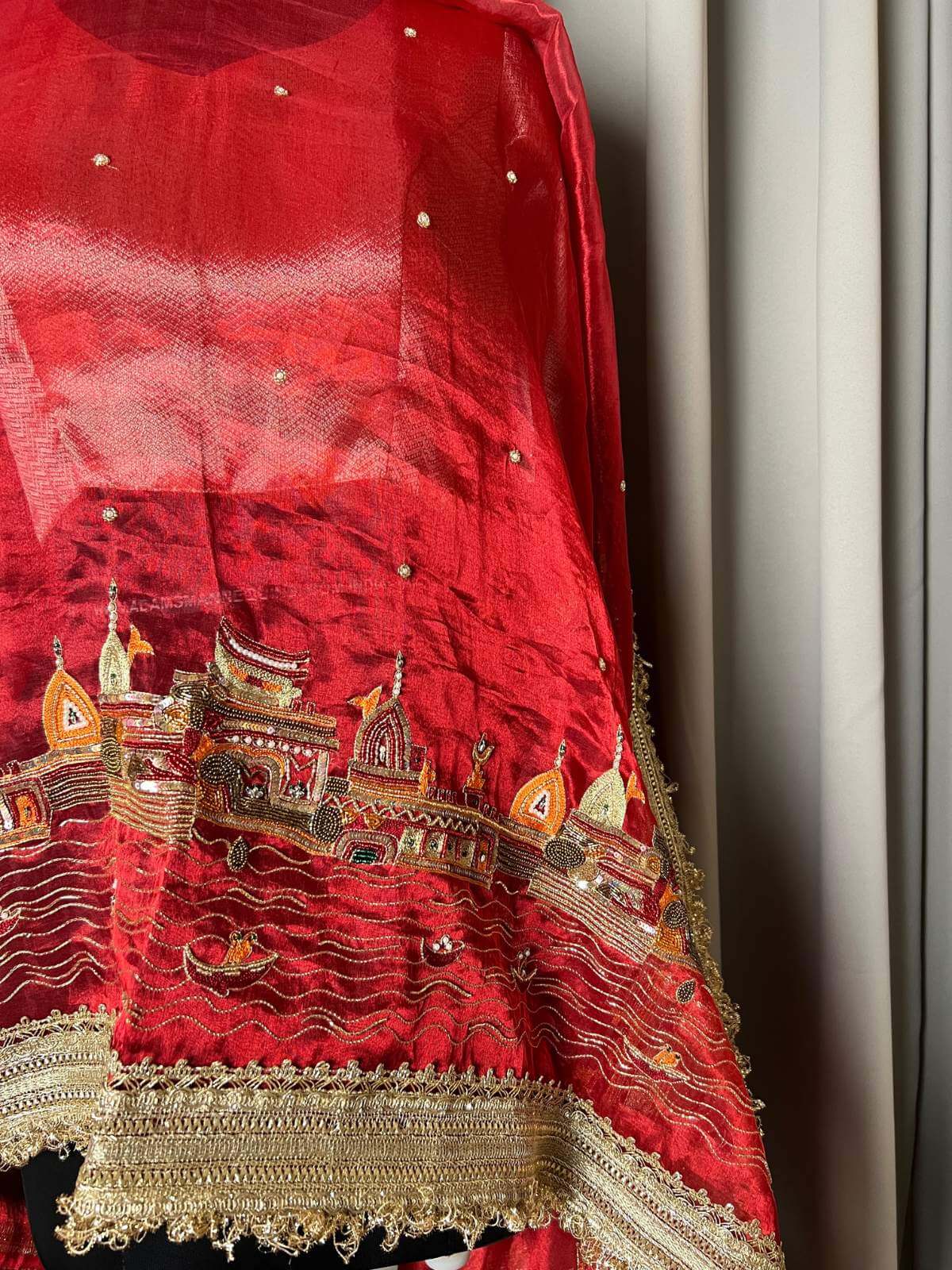 Royal red Banarasi Ghat silk dupatta inspired by traditional Varanasi ghats