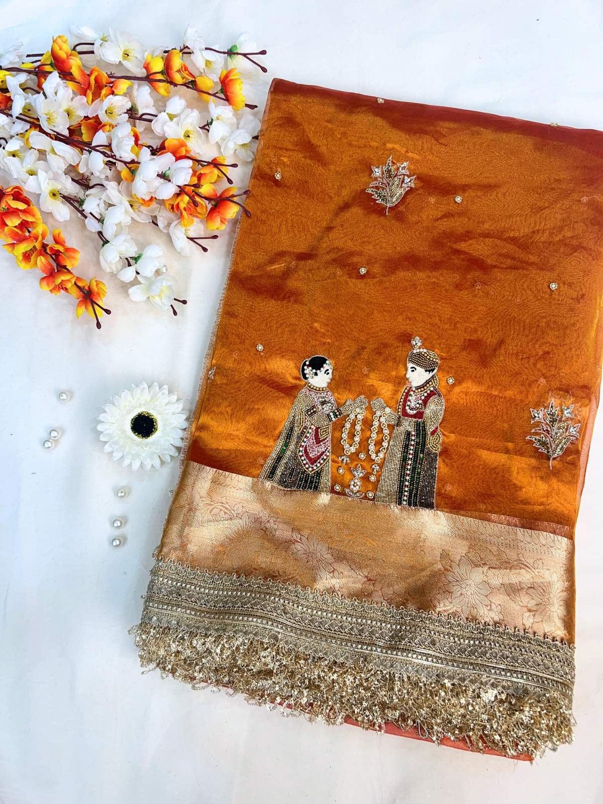 Kanjivaram Gold Banarasi Tissue Silk Saree Shubh Vivah with Hand-Embroidered Wedding front view