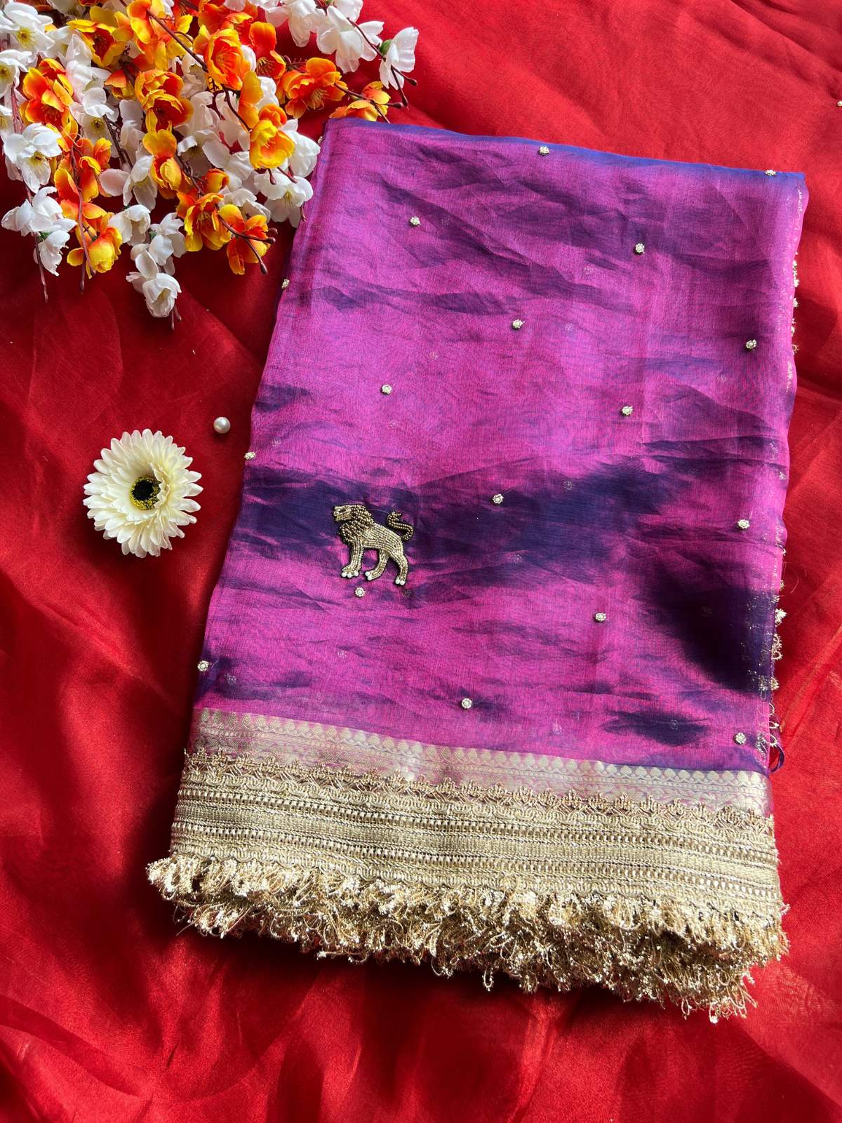 Purple Pure Banarasi Tissue Silk Saree Dhoop-Chav Sherbagh with Hand Embroidered Sher front view