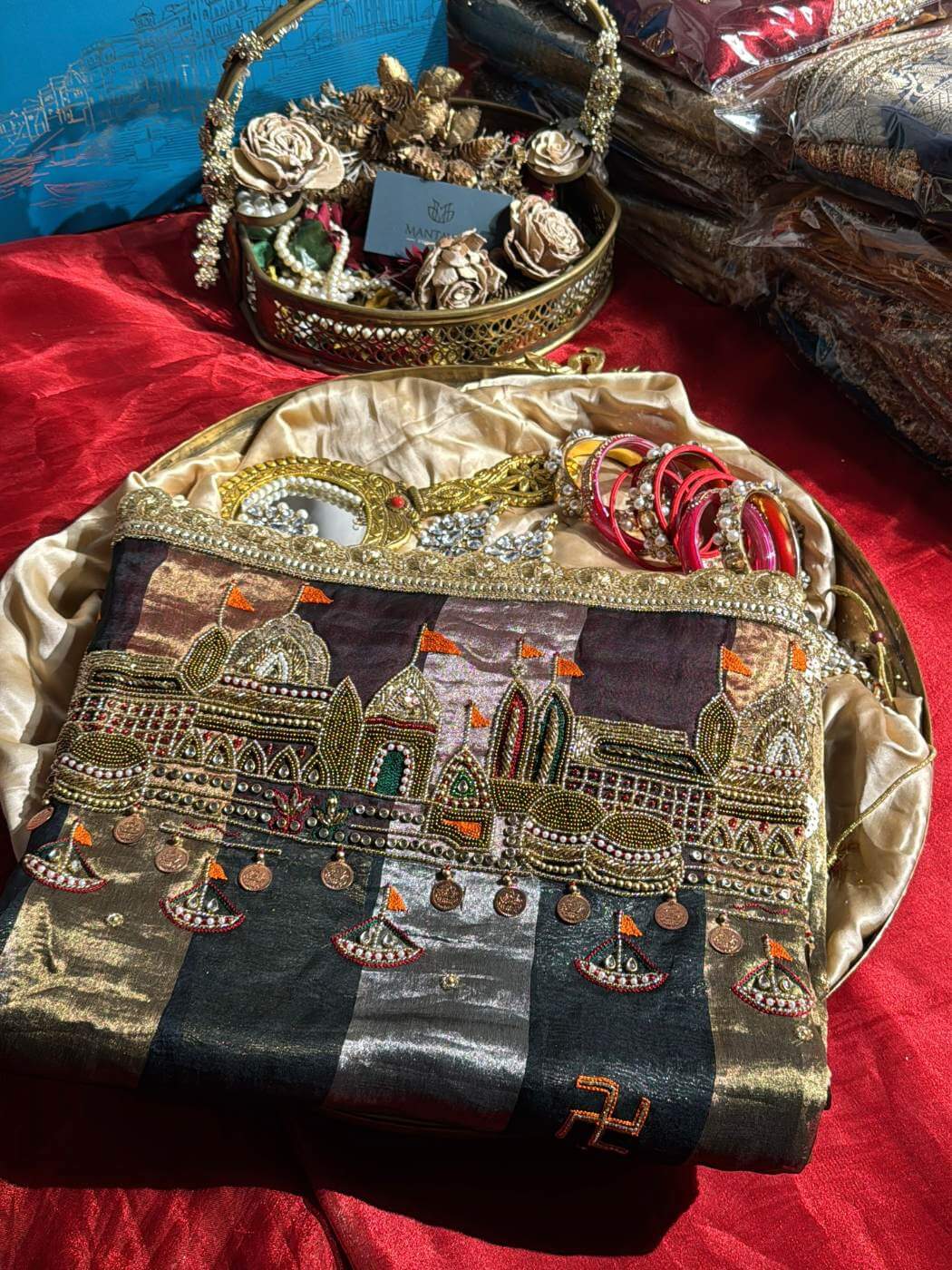 Black Tissue Silk Saree with Ganga Ghat Hand Embroidery Front View