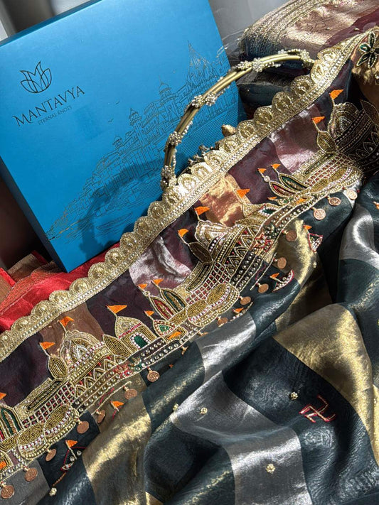 Black Tissue Silk Saree with Ganga Ghat Hand Embroidery Closeup view 01