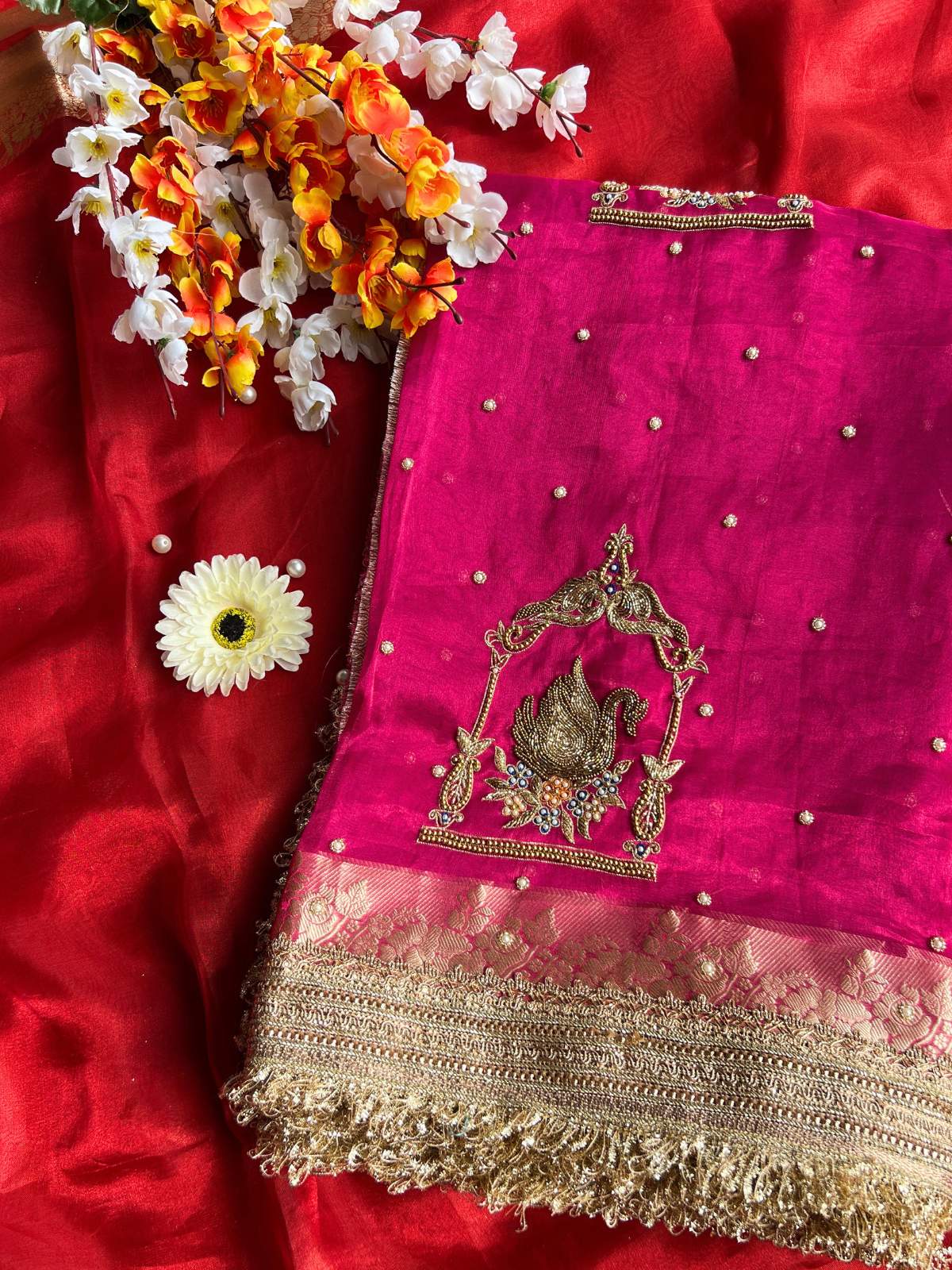 Hot Pink Pure Banarasi Tissue Silk Saree Shahi Hans with Hand Embroidered Swan front view