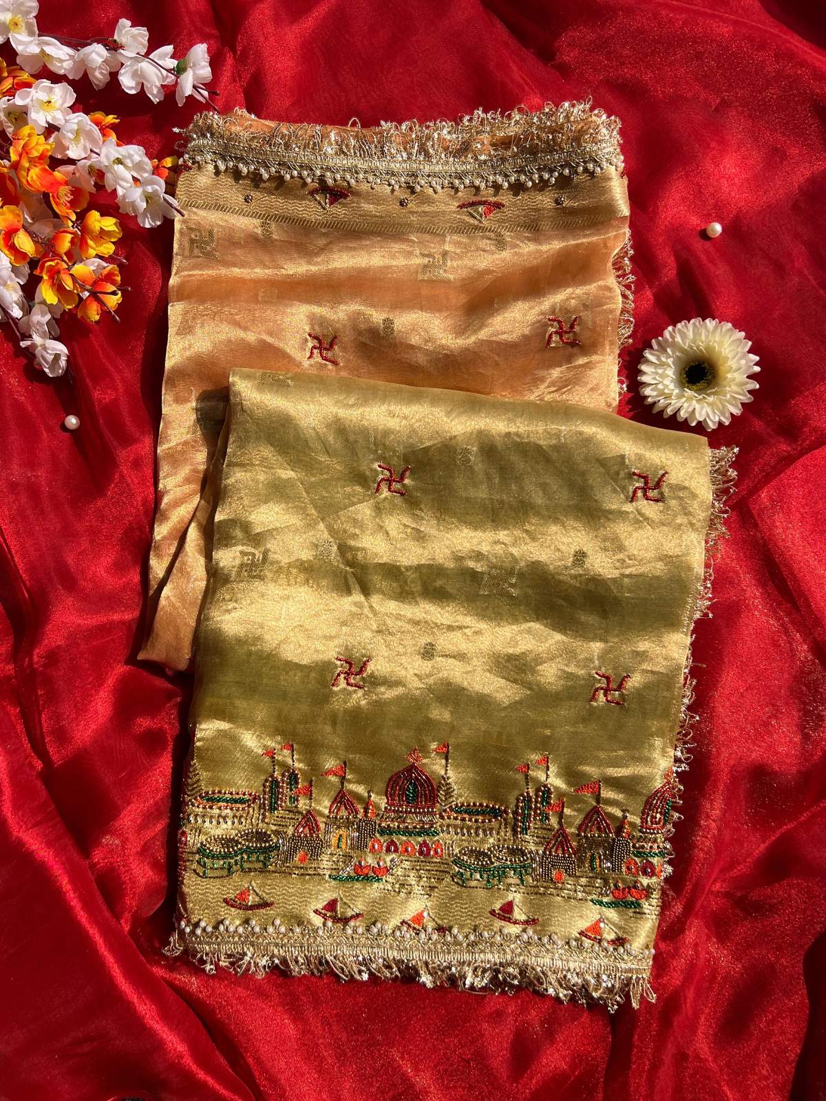 Dual Shade Pure Banarasi Tissue Silk Saree Kashi Ghat with Hand Embroidered Banarasi Ghat front view