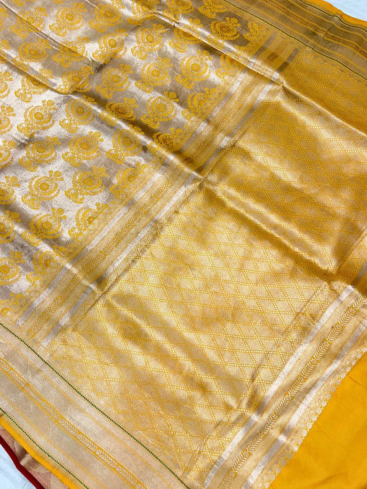 Yellow Katan Silk Saree with floral buta full view