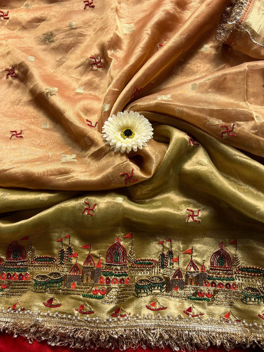 Dual Shade Pure Banarasi Tissue Silk Saree Kashi Ghat with Hand Embroidered Banarasi Ghat closeup view 01