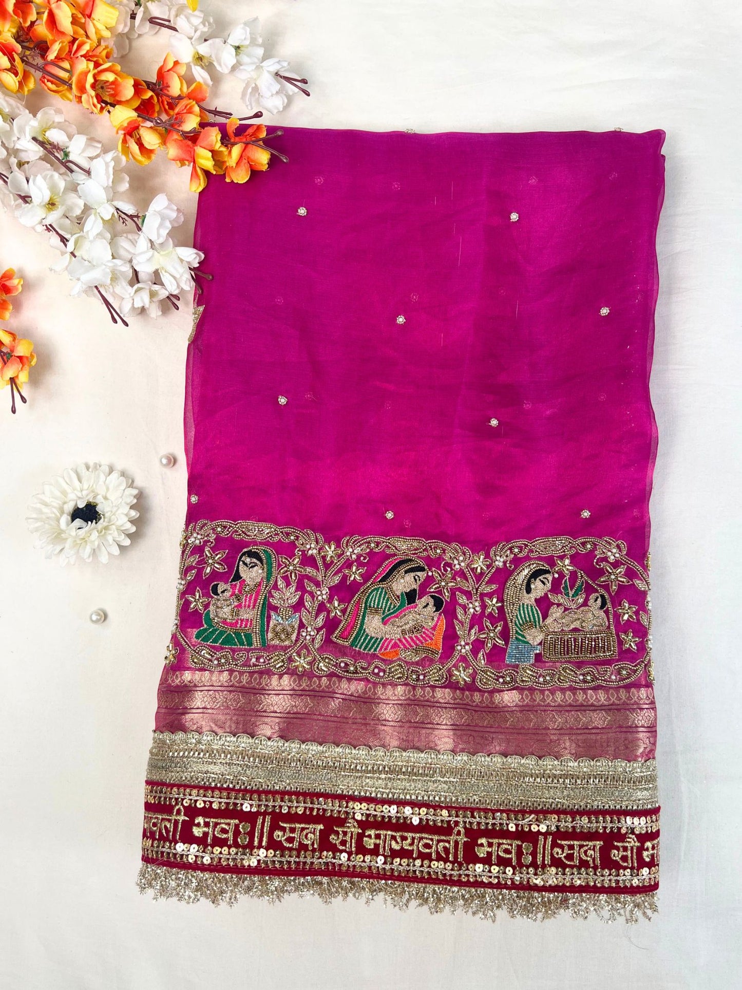 Hot Pink Tissue Silk Saree Godh Bharai Front View