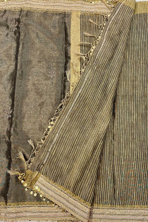 Hand-Embroidered Fuscous Grey Linen Tissue Silk Saree with intricate zari and resham embroidery, crafted in Banaras.