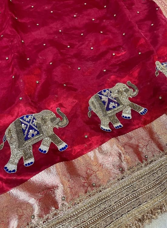 Hand-Embroidered Red Banarasi Tissue Silk Saree with Elephant Motifs and Gold Gota Patti Border, Ideal for Bridal and Festive Wear