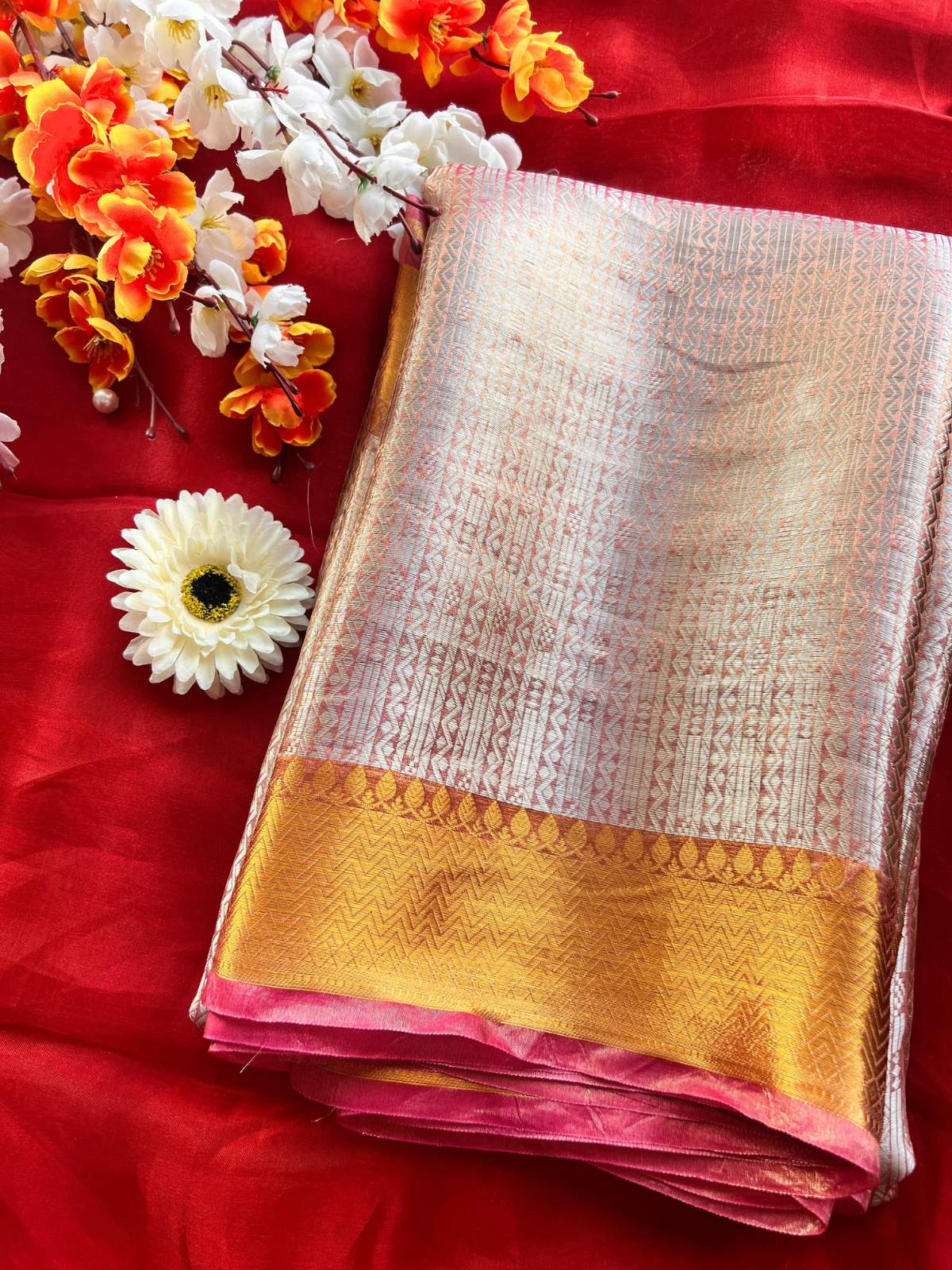 Ivory Gold Brocade Tissue Silk Saree with fine zari front view