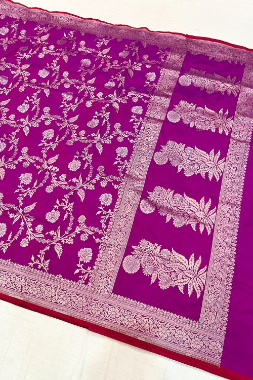 Handwoven Katan Silk Saree with intricate floral zari work and contrast selvedge border, crafted in Banaras