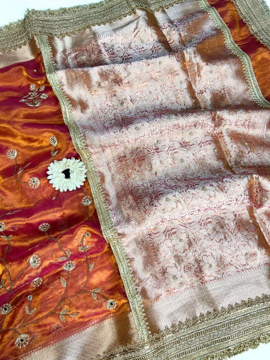 Orange Pure Tissue Silk Saree Kusum Border View-Mantavya Banaras