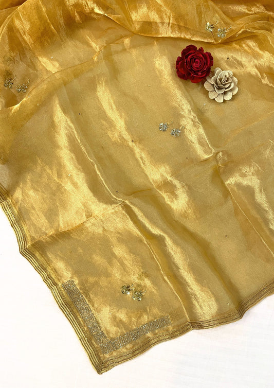 Yellow Semi-Stitched Pure Tissue Silk Suit Set by Mantavya with intricate embroidery and elegant design