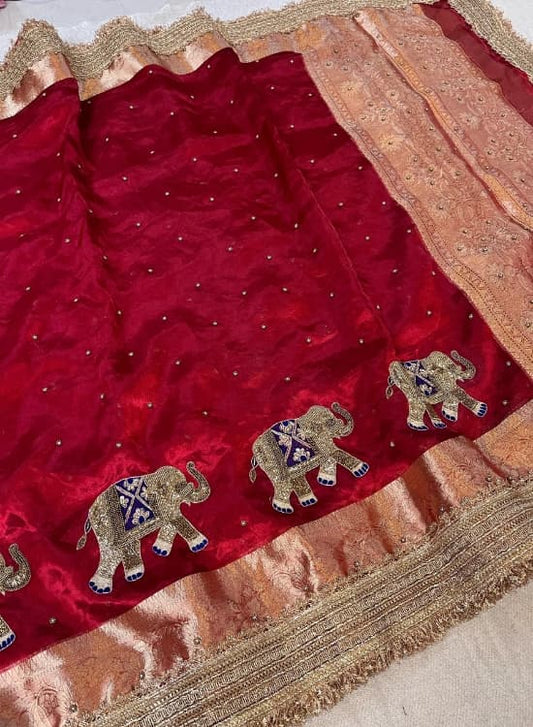 Hand-Embroidered Red Banarasi Tissue Silk Saree with Elephant Motifs and Gold Gota Patti Border, Ideal for Bridal and Festive Wear