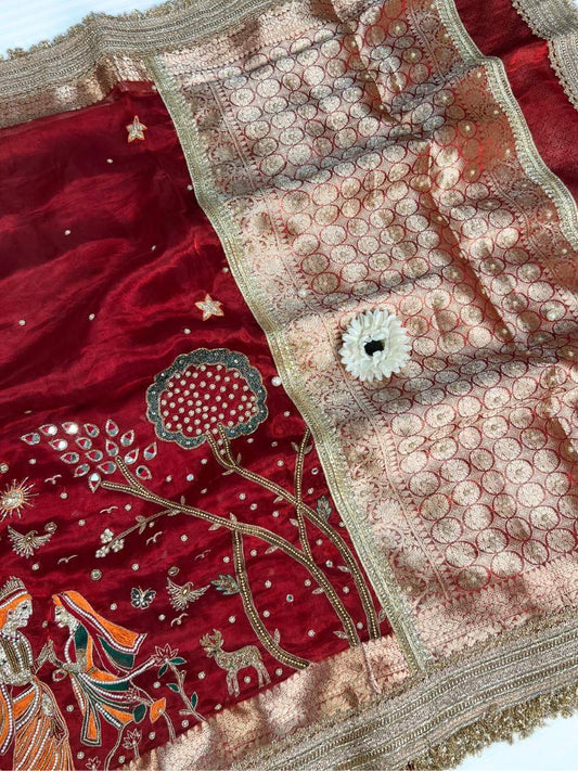 Royal Red Pure Tissue Silk Saree Vrinda Border View-Mantavya Banaras