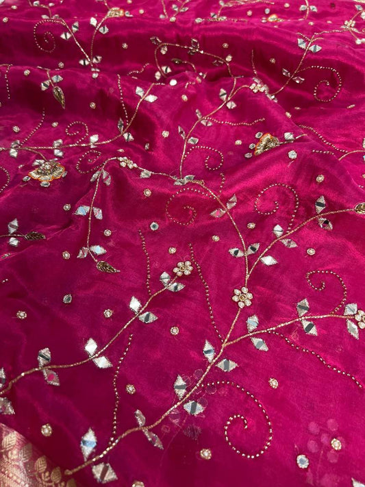 Hot Pink Pure Tissue Silk Saree Vasundhara Closeup View-Mantavya Banaras