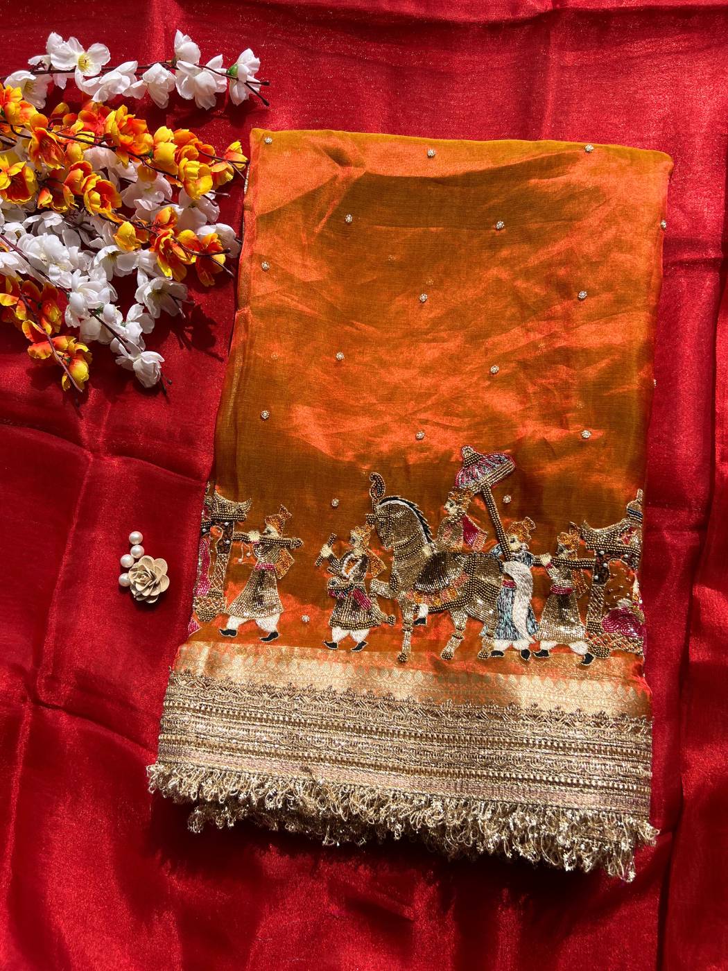 Orange Tissue Silk Saree - Vidaai front view