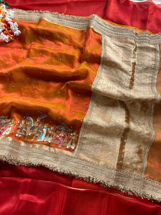 Orange Tissue Silk Saree - Vidaai full view