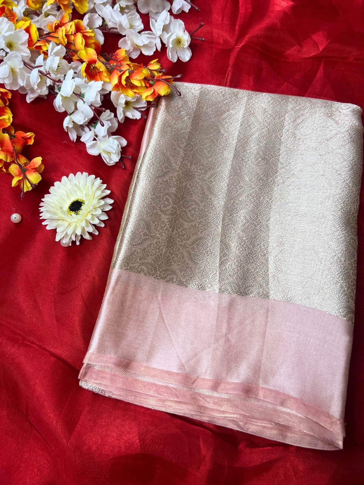 Pastel Pink Brocade Tissue Silk Saree with Zari Work front view