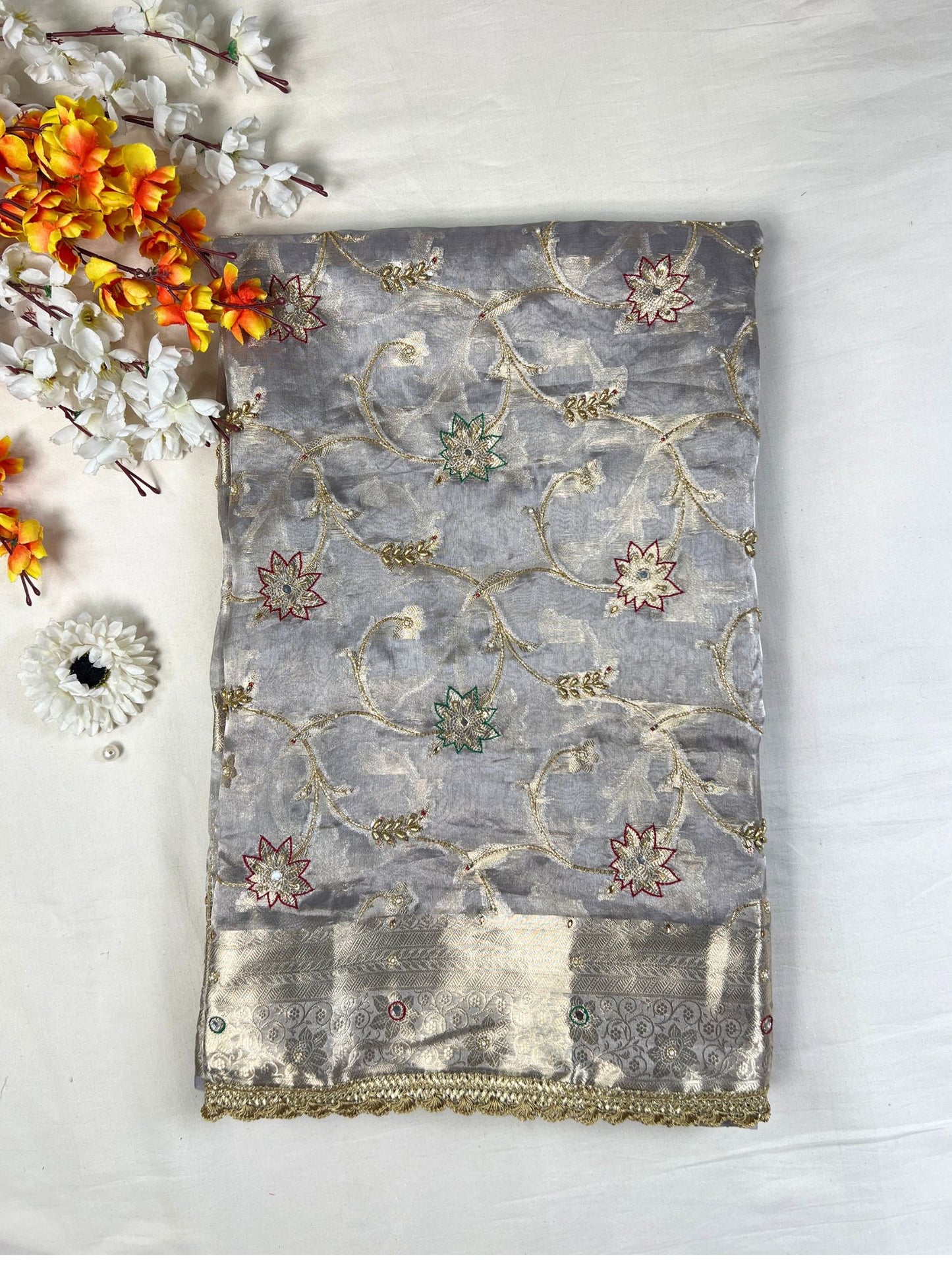 Silver Grey Tissue Silk Saree Phool jaal Front View