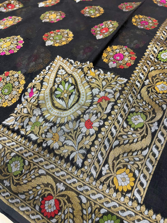 Black Cotton Jamdani with floral buta closeup view