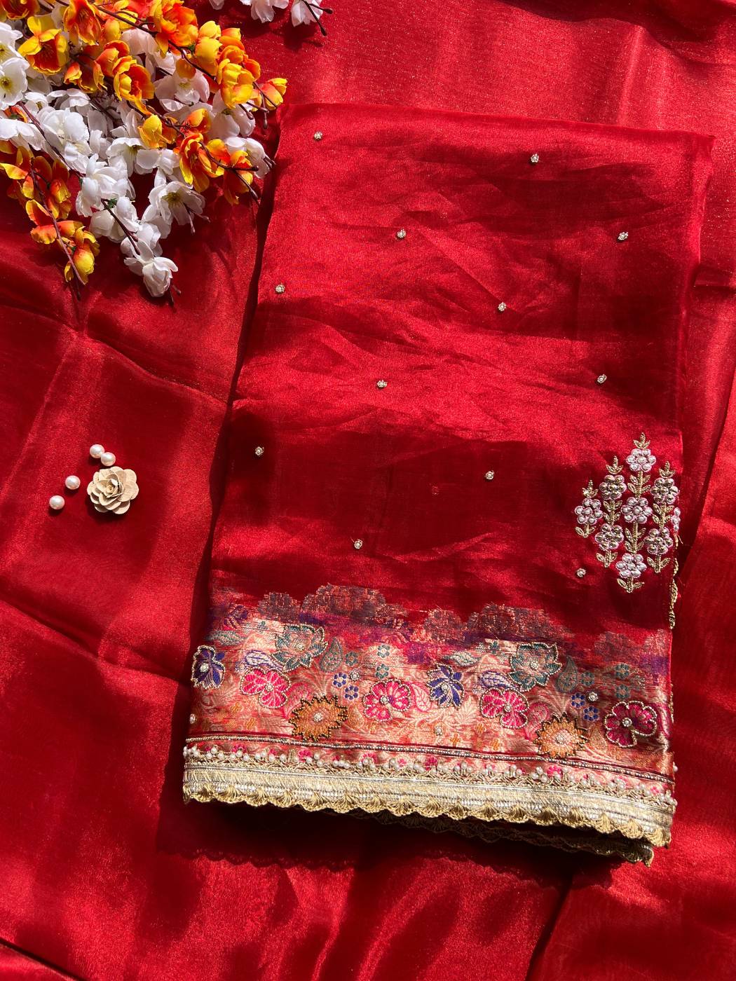 Royal Red Tissue Silk Saree Nakkashi with Hand Embroidered Banarasi Floral and Pot front view
